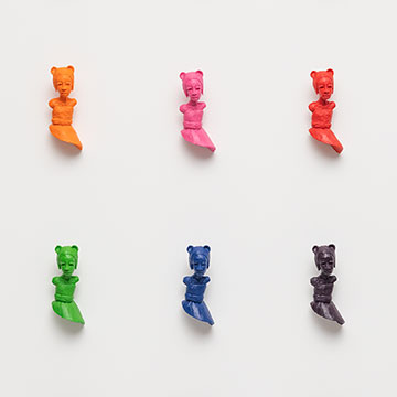 a series of 12 identical female figures in rows of three set against a white background. Each is a different color.